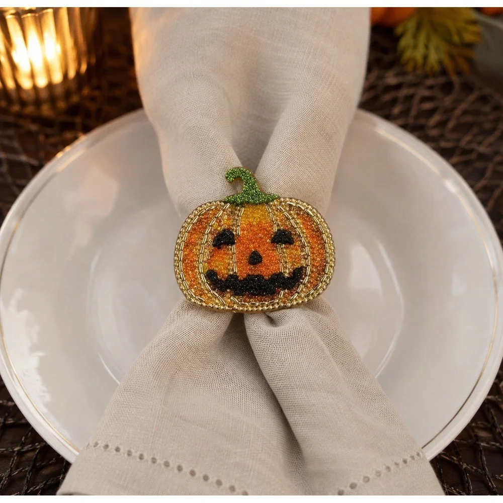 Tahari Home Fly By Night Beaded Pumpkin Jack O'Lantern Napkin Rings Set of 8 NIB